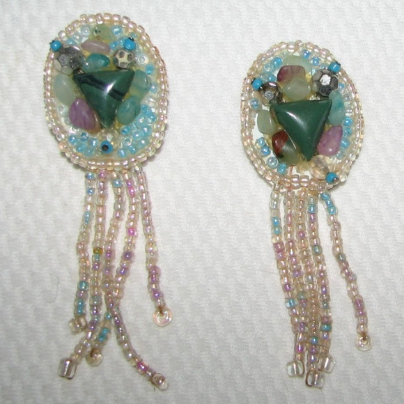 Vintage Jewelry - Vintage huge Clip On large Earrings southwest fringe drop dangle